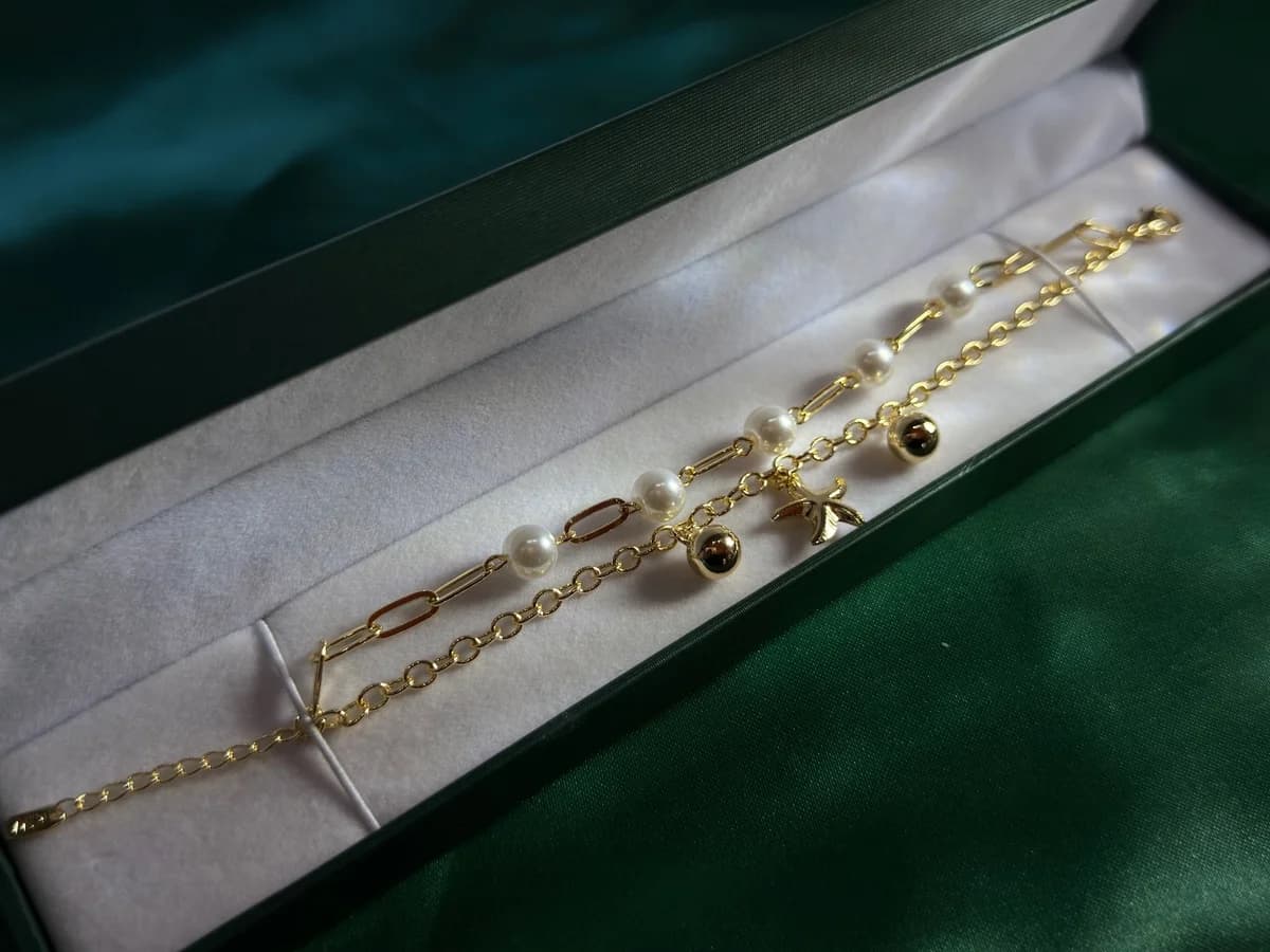 Pulsera Doble Playera en Chapa de Oro 18k con Perlas