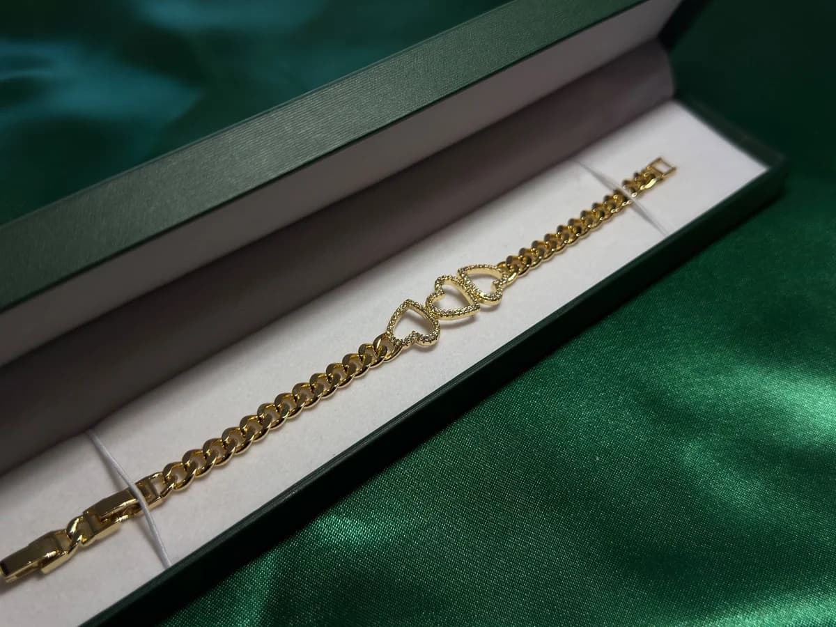 Pulsera Chapa de Oro 18k Cadena Herrería y Corazones
